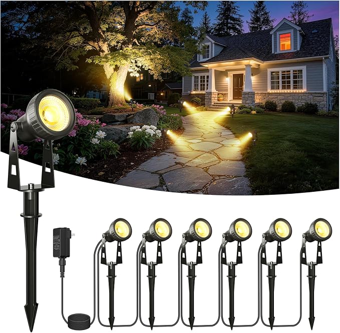FOOMAN 6-Pack Spot Lights Outdoor, Low Voltage Landscape Lighting | LED Pathway Lights with Transformer, IP68 Waterproof Warm White Spotlight for Yard Garden Flags House Lawn Tree