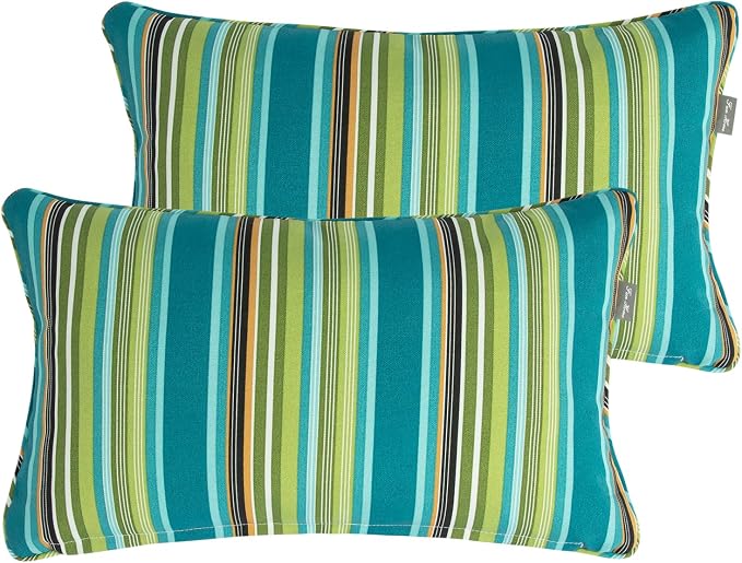 Outdoor Lumbar Pillows Water Resistant 12x20 inch,Decorative Throw Pillow Set of 2 with Insert,Hidden Zipper Headrests for Patio Furniture Sofa Couch Chair(Green Stripe)
