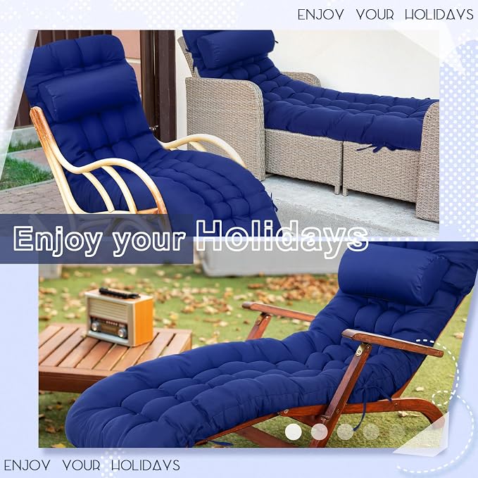 Tudomro Outdoor Chaise Lounge Cushion 66x21x4'' Waterproof & Fade-Resistant Patio Pool Chaise Lounge Cushion Headrest Pillow Tie Replacement Rocking High Back Chair(Navy Blue,Set of 2)