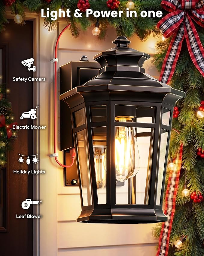 Gleamz Large Exterior Lighting Fixtures with GFCI Outlet, Oil Rubbed Bronze Dusk to Dawn Outdoor Lighting, Outdoor Porch Light for House, Garden, Doorway, Garage, Waterproof, Anti-Rust