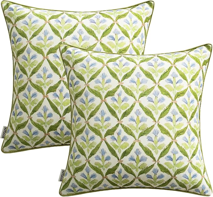 MIULEE Outdoor Floral Pillow Covers Waterproof 20x20 Green | Decorative Block Print,Boho Farmhouse, Set of 2 Coastal Summer Cushion Covers with Piping,Garden Patio Furniture Porch Couch