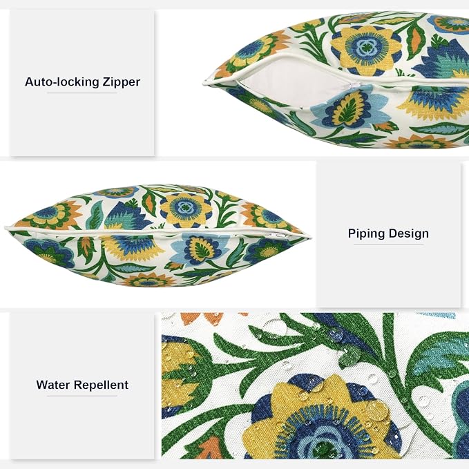 Outdoor Throw Pillows Inners, Fade Resistant Patio Furniture Square Pillows with Piping Set of 2 for Patio Furniture, 18x18 Inch, Fiesta Floral