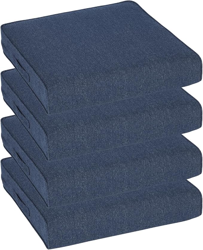 Aoodor Patio Chair Cushions Set of 4, 24 x 24 x 4 Inch Water Resistant Outdoor Seat Cushions with Handle and Ties, Square Corner Cushions for Patio Furniture Garden Lawn, Navy Blue