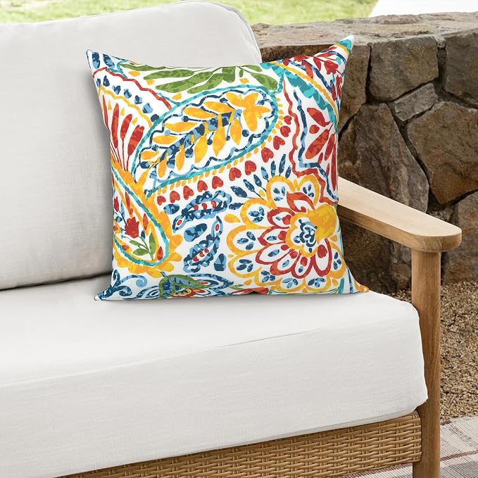 Outdoor Throw Pillows 16x16 Inch, Water Repellent Patio Pillows with Inners Set of 2 for Patio Furniture Home Garden, Paisley Multi