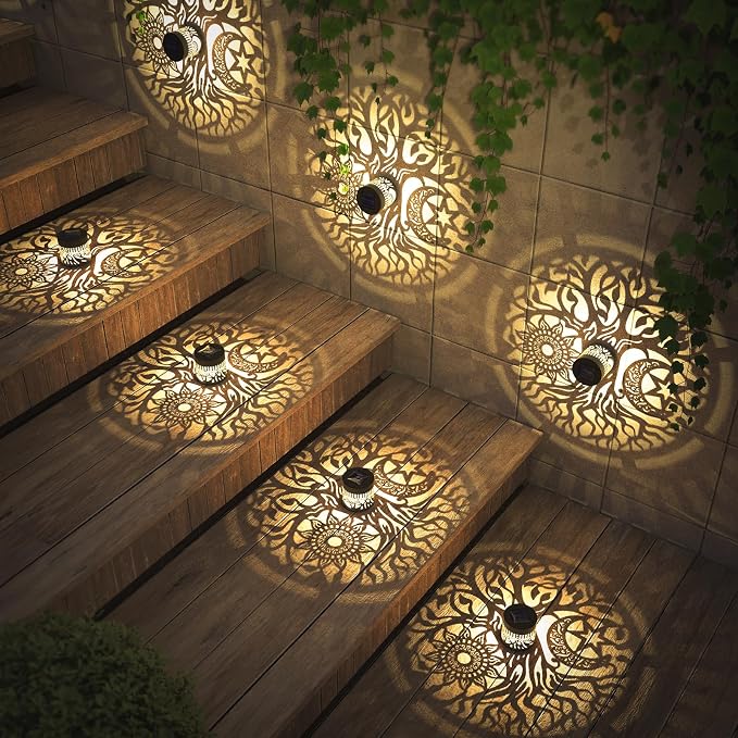 gardencave 2 Pack Solar Fence Lights Metal Solar Powered Outdoor Wall Deck Step Lights Tree Theme Waterproof Fence Light for Garden Post Patio Backyard Yard Decor (Tree, 2 Pack)