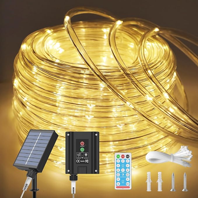Solar Rope Lights, 66FT 200LED Outdoor Christmas Fairy Light (Warm White) | Type C & Solar, With Remote, Waterproof, Timing, 8 Modes, for for Garden Patio Porch Pool, Warm Christmas Decoration