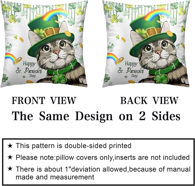 Happy St Patricks Day Pillows Covers 20x20 Pack of 2 Lucky Cat Clover Pillow Covers Rainbow Gold Coin Shamrock Decorative Pillow Cases Cushion Case for Living Room Couch Sofa