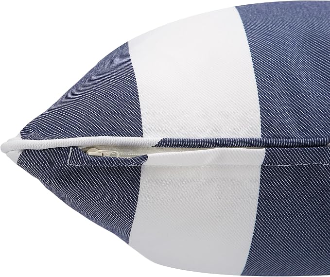 Outdoor Throw Pillow with Insert 18x18 Inch, Set of 2, Piping Edge Waterproof Fade Resistant Decorative Fluffy Pillows for Patio Furniture Chair Bench Couch Sofa - Navy White Striped