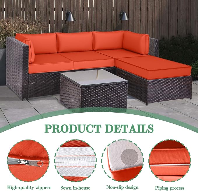 9pc Waterproof Outdoor Couch Cushions for 4 Seat Patio Orange | Water-resistant, UV-resistant,9pc High-Density Foam Replacement Cushions for 4-Seat Outdoor Sectional Furniture