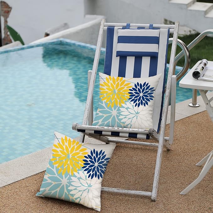 DFXSZ Pack of 2 Outdoor Waterproof Throw Pillow Covers 18x18 Yellow Blue | Polyester Colorful Spring Summer Floral Decorative Cushion Cases(NO INSERT),For Couch Patio Funiture Garden Home Decor