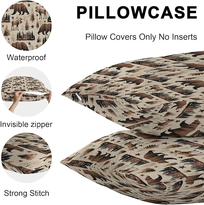 Brown Bear Elk Cabin Outdoor Pillow Covers 16x16 Inch Throw Pillow Covers Set of 2 Waterproof Decorative Pillow Cases Vintage Farmhousee Pine Tree Forest Cushion Covers for Patio Furniture Garden