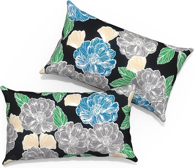 Outdoor Lumbar Pillows with Insert 12x20 Inch, Waterproof Throw Pillow for Patio Furniture, Decorative Lumbar Cushions for Garden Home Sofa Office Chair, Set of 2, Peony Garden