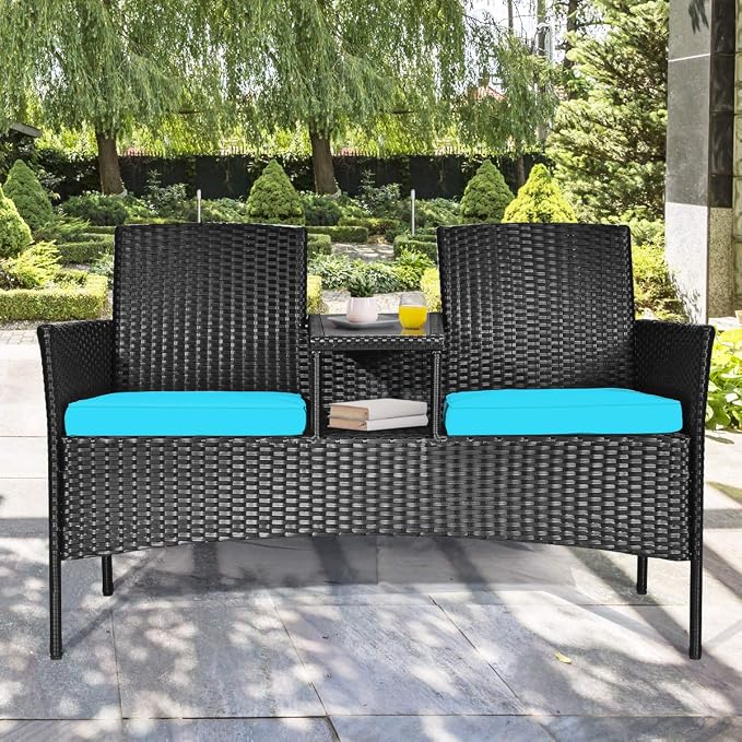 HAPPYGRILL Outdoor Rattan Loveseat Set Patio Wicker Conversation Set with Removable Cushions, Wicker Sofa Furniture Set with Coffee Table for Garden Lawn Backyard