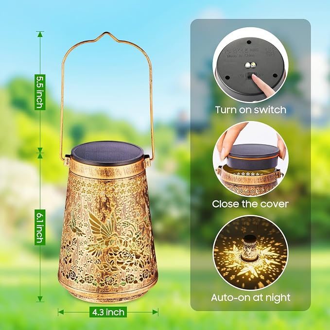 4 Pack Solar Lanterns Outdoor Waterproof, Birthday Gifts for Women Mom | Hollow-Out Metal Hummingbird Lantern, 2 Lighting Modes, Outside Hanging Solar Lights for Christmas Decorations, Garden Decor