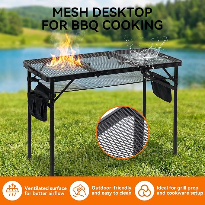3Ft Foldable Grill Table for Camping, Portable Metal Mesh BBQTable with Dual Side Storage Bags, Lightweight Folding Outdoor Cooking Table for Picnic, RV Travel, Beach & Backyard BBQ