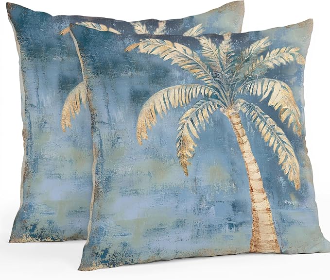 Coastal Beach Tree Blue Brown Outdoor Waterproof Pillow Covers, Vintage Summer Palm Tree Decorative Square Throw Pillowcase, Tropical Botanical Sofa Cushion Sham for Patio/Couch/Chair, 26"x26" 2 Pack