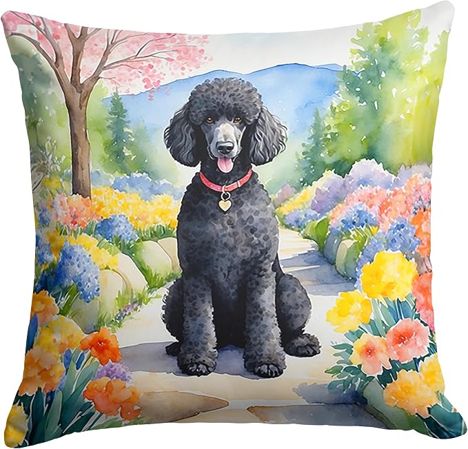 Caroline's Treasures Black Poodle Spring Path Throw Pillow Machine Washable, Indoor Outdoor Decorative Pillow for Couch, Bed or Patio, 18Hx18W