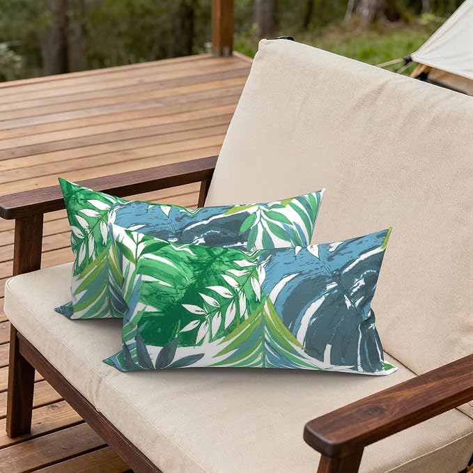 Outdoor Lumbar Pillows, Water Repellent Cushion Pillows 12x20 Inch, Outdoor Pillows with Inserts for Home Garden, Pack of 2, Islamorada Blue Green