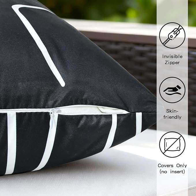 Outdoor Waterproof Throw Pillow Covers 18x18 Inch Set of 2 | Modern Abstract Lines Decorative Pillow Cover, Black White Cushion Covers for Garden Patio Tent Balcony Bench Couch Sofa