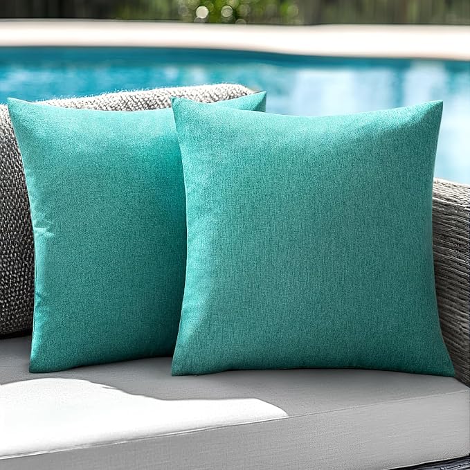 ANRODUO Outdoor Waterproof Pillow Covers for Patio 18x18 Turquoise 2 Pack | Outdoor Pillow Covers for Patio Furniture, Decorative Linen Cushion Sham, Outside Square Pillowcase for Garden Balcony Decor