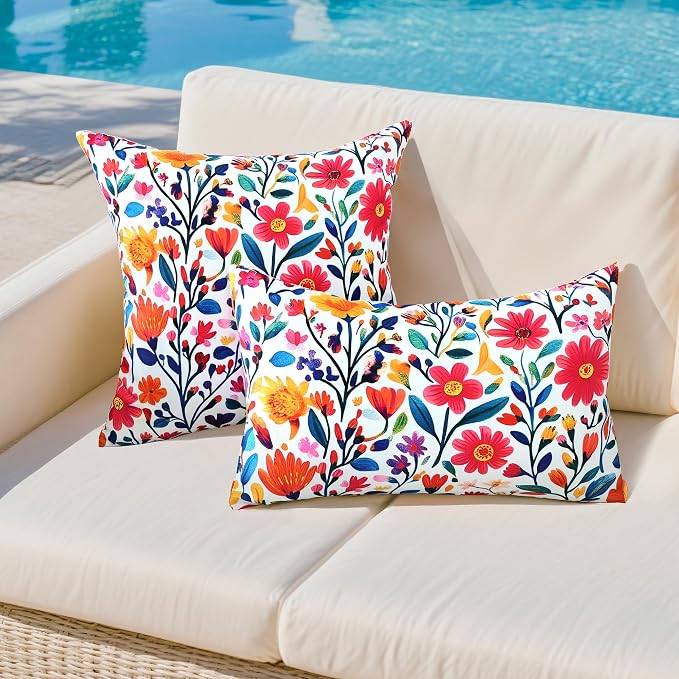 Outdoor Pillow Covers 18x18 Inch Set of 2 Floral Printed Boho Throw Pillows Cases Waterproof Square Garden Cushion Sham for Spring Summer Patio Funiture Tent Balcony Bench Sofa Couch