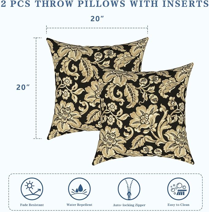 LVTXIII Outdoor Pillows 20x20 Inch, 2 Pack Large Decorative Square Throw Pillows with Inserts for Couch, Bed, Floor Seating, Patio Furniture, Jacobean Black