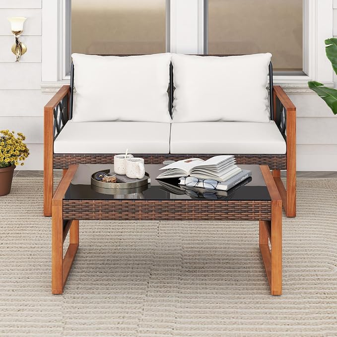 Tangkula 2 Pieces Outdoor Acacia Wood Loveseat and Table Set, Heavy Duty Patio Conversation Set for Porch, Deck and Backyard