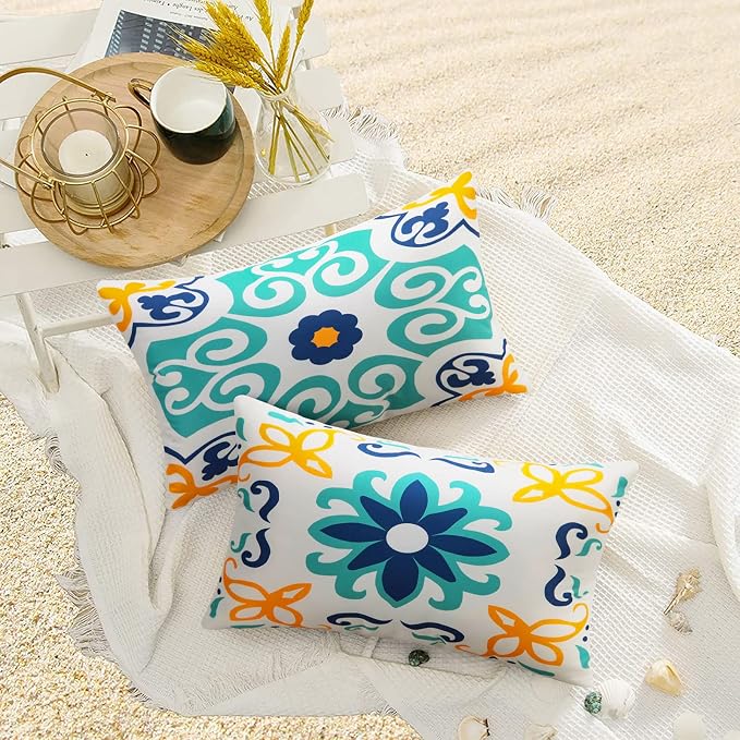 Pyonic Outdoor Waterproof Lumbar Pillow Covers 12x20 Inch Set of 4 | Floral Printed and Boho Farmhouse Outdoor Pillow Covers for Patio Funiture Garden ,Blue