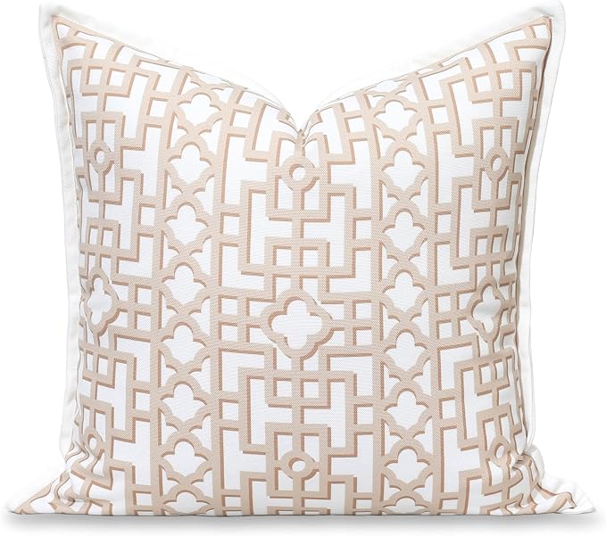 Hofdeco Premium Coastal Hampton Patio Indoor Outdoor Throw Pillow Cover Only, 20"x20" Water Repellent for Backyard, Couch, Poolside, Neutral Tan Print Fretwork Trellised Screen
