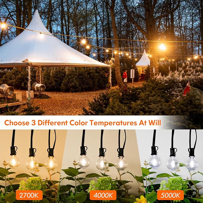100FT 3 Color in 1 LED String Lights Outdoor Waterproof with Remote | Dimmable String Lights for Outside, G40 Globe Patio Lights with 50+2 Shatterproof Bulbs for Party Backyard BBQ House Camping