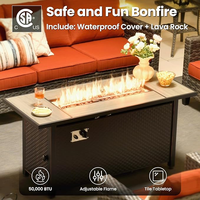 ovios 6 Pieces Patio Furniture Set with 54" Fire Pit Table, Outdoor Wicker Sofa with Comfy Cushions, All Weather High Back Rattan Couch Conversation Set, Orange Red