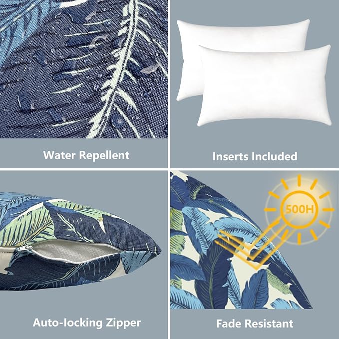 LVTXIII 12×20 Inch Outdoor Lumbar Pillows, Pack of 2 Water Repellent Lumbar Pillow with Inserts, Fluffy Decorative Garden Lumbar Cushions for Home Patio Coach Sofa Use, Swaying Palms Blue