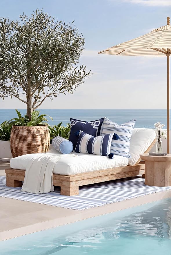 Hofdeco Premium Coastal Hampton Outdoor Performance Bolster Pillow Cover Only, 6"x20" Water Repellent, UV and Fade Resistant for Backyard, Couch, Poolside, Azure Blue Indigo Woven Bayside Stripes