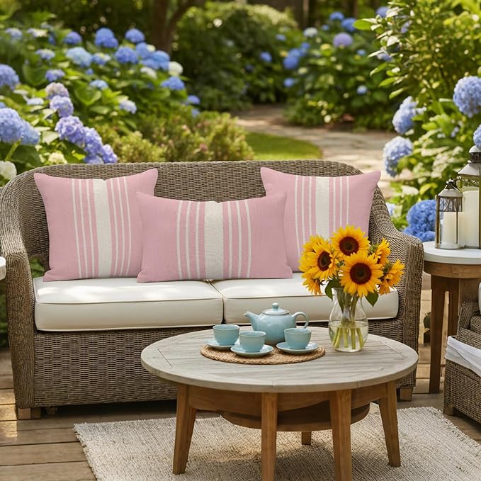 Pink Beige Striped Outdoor Pillow Covers 26x26 Inch Throw Pillow Covers Set of 2 Waterproof Decorative Pillow Cases Modern Farmhouse Retro Lines Cushion Covers for Patio Furniture Garden Couch Sofa