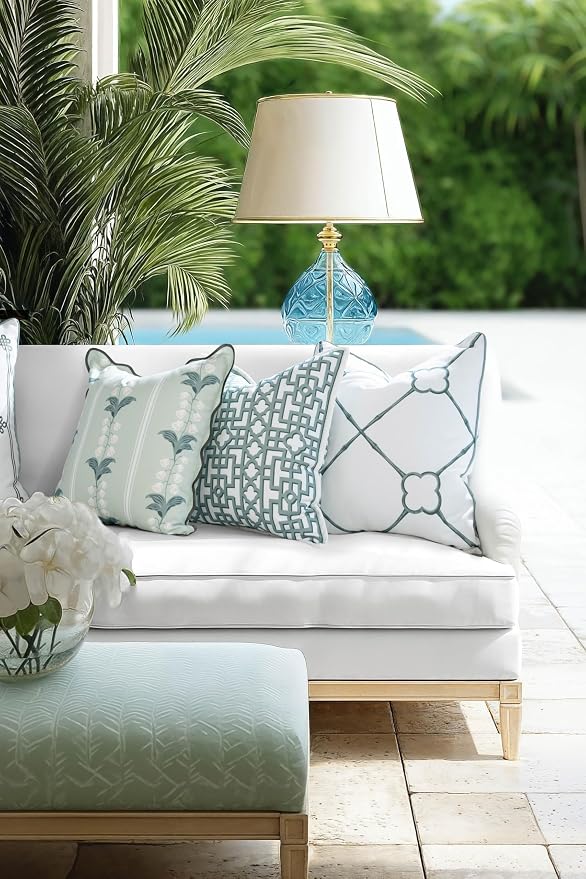 Hofdeco Premium Coastal Hampton Patio Indoor Outdoor Throw Pillow Cover Only, 20"x20" Water Repellent for Backyard, Couch, Poolside, Pale Forest Green Print Watercolor Striped Lily of the Valley