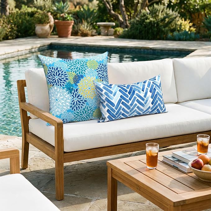 Outdoor Pack of 2 Patio Throw Pillow Covers ONLY 20x20 Inch, Water Repellent Cushion Cases, Square Pillowcases for Couch Decoration, Dahlia Blue