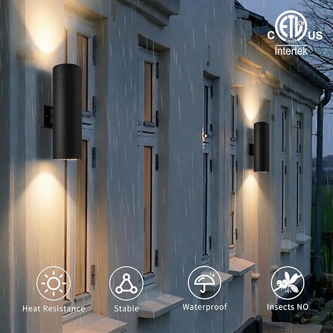 mirrea 18" Modern Outdoor Porch Light in 2 Lights, Matte Black, 4 Pack | Aluminum cylinder exterior fixtures, tempered glass cover, waterproof wall sconce & patio light for outdoor use.