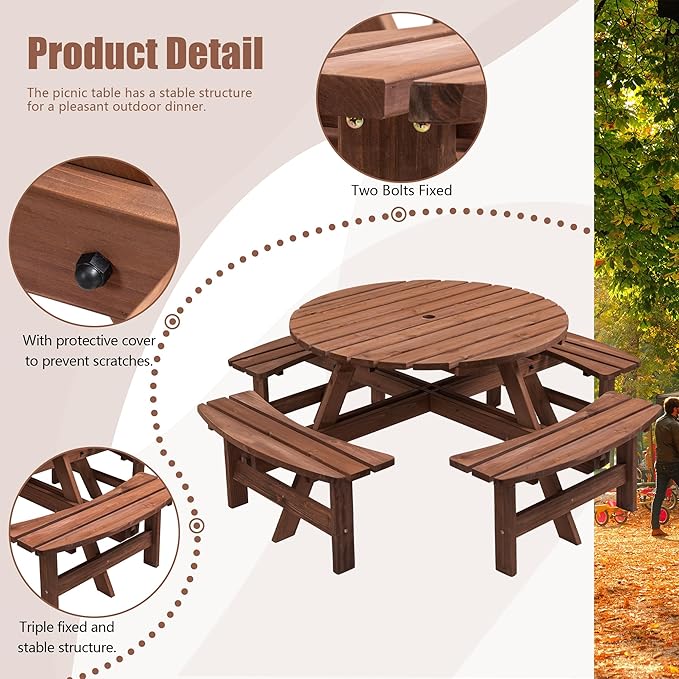 8 Person Outdoor Picnic Table with 4 Built-in Benches Round Wood Picnic Table with Umbrella Hole, Outside Picnic Tables and Bench Set for Garden,Patio, Backyard,2220LBS Total Capacity,Walnut Brown