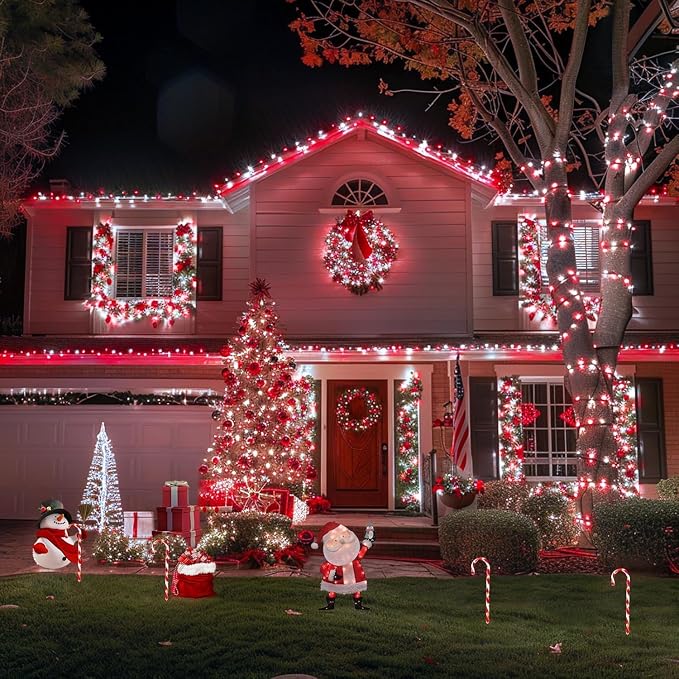 JMEXSUSS 2 Pack Solar Fairy Lights, Each 33FT 100 LED, Red and White | Outdoor Waterproof, 8 Modes Copper Wire Solar String Lights for Outside Patio Garden Yard Christmas Decorations