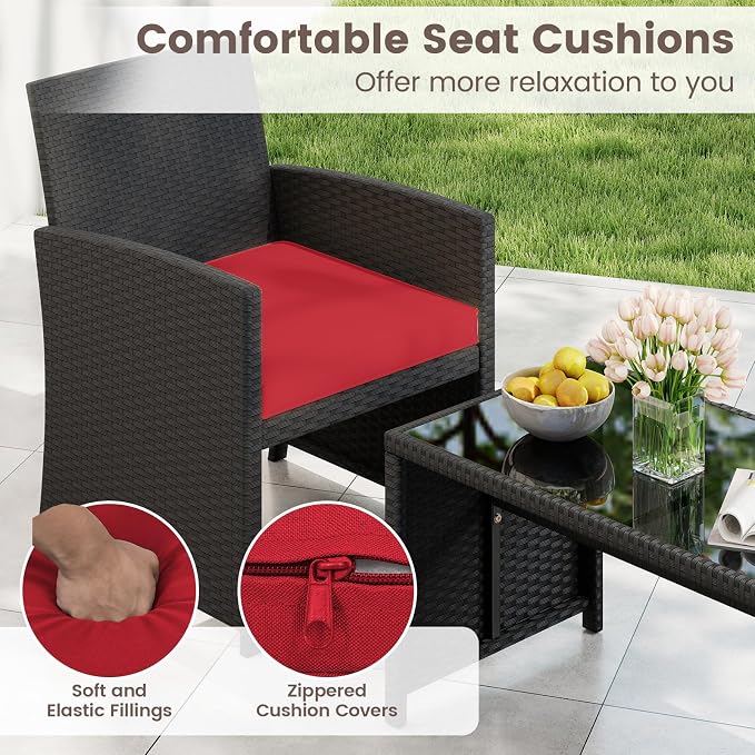 HAPPYGRILL 4 Piece Rattan Wicker Patio Conversation Set, Outdoor Furniture with Chair Loveseat Table & Cushion, for Backyard Porch Balcony (1, Black & Red)