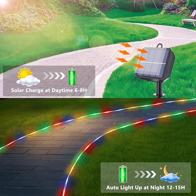 Solar Rope Lights, 2 Pack Total 66ft 200LED Solar String Lights, 8 Modes Waterproof Solar Outdoor Light, Flexible Clear Trampoline Light for Garden Yard Patio Deck Porch Pool Tree Decor - Multicolor