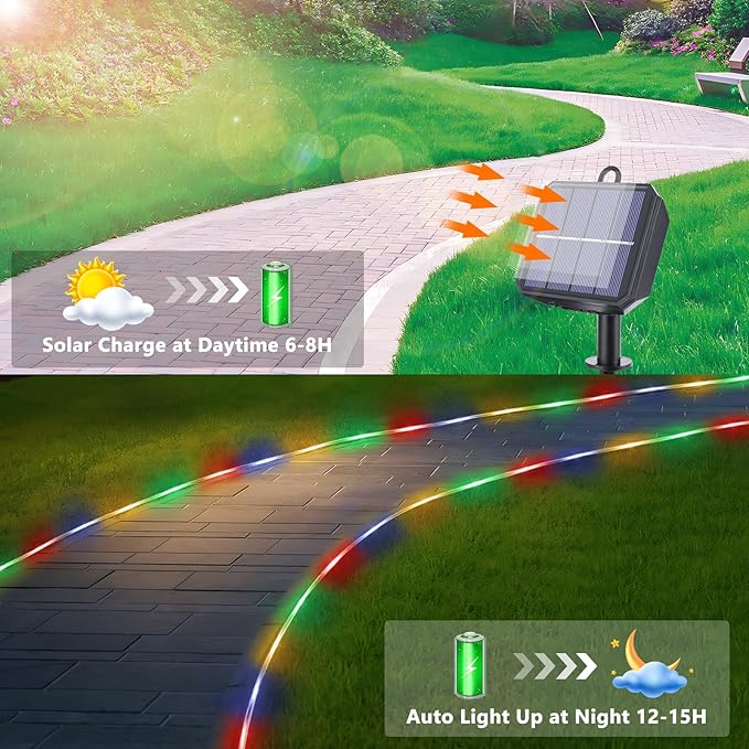 Solar Rope Lights, 2 Packs Total 132ft 400LED Solar String Lights, 8 Modes Waterproof Solar Outdoor Light, Flexible Clear Trampoline Light for Garden Backyard Patio Deck Pool Tree Decor - Multicolor