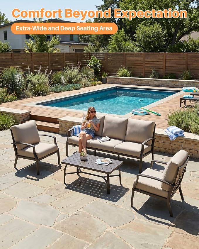 4-Piece Patio Sofa Set, Never-Rust Aluminum Patio Conversation Set with Coffee Table, Patio Furniture Set Outdoor Sofa Set with Removable Cushions for Backyard, Porch, Poolside, Dark Bronze