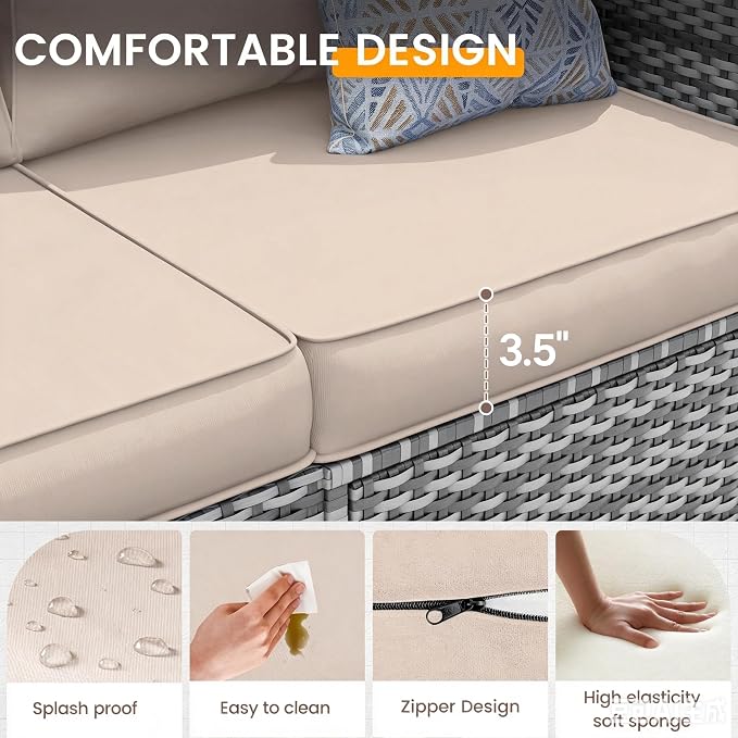 UDPATIO Patio Furniture Set, 7 Pieces PE Wicker Sectional Sofa with Tea Table, Outdoor Conversation Set for Patio, Garden, Backyard (Beige Cushions with Grey Rattan)