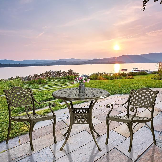 3-Piece Outdoor Patio Dining Set, All-Weather Cast Aluminum Patio Furniture Set for Backyard Garden Deck with 2 Chairs and 31” Round Table, 2" Umbrella Hole