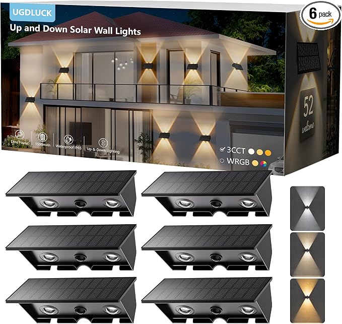 6PACK Solar Sconce Lights Outdoor,3000/4000/6000K 3 Modes Up and Down Solar Wall Lights Dusk to Dawn Lighting IP65 Waterproof Solars Lights Outdoor for Exterior Front Porch Garage Fence Patio Yard