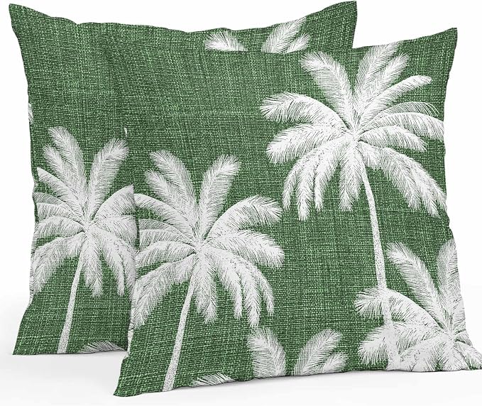 Outdoor Pillow Covers 18x18 Inch Set of 2, Dark Green Palm Trees Waterproof Throw Pillow Covers, Farmhouse Tropical Summer Beach Decorative Cushion Pillowcases for Couch, Sofa, Bed, Garden, Patio