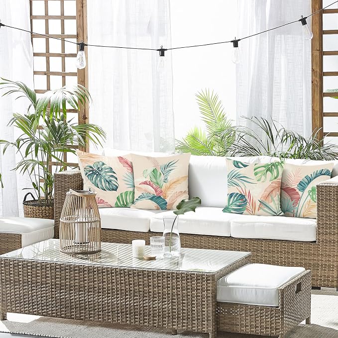 Bonhause Tropical Leaves Throw Pillow Covers 18 x 18 Inch Set of 4 Pink Green Palm Leaf Polyester Linen Decorative Pillow Cases for Couch Sofa Bed Home Garden Outdoor Décor