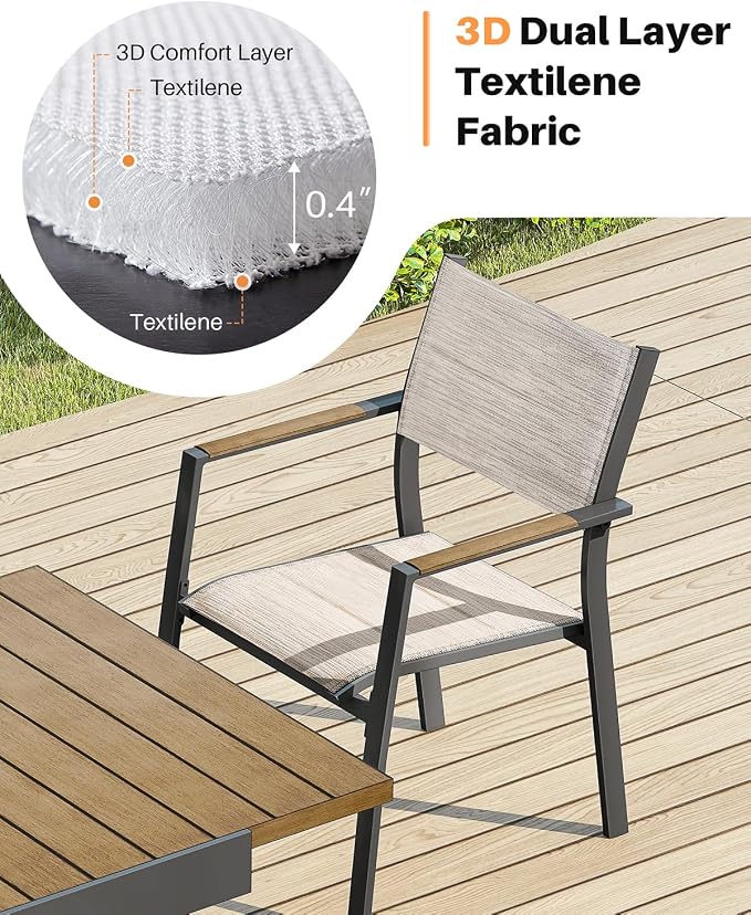Stackable Patio Chairs Set of 4, Never-Rust Aluminum Outdoor Dining Chairs, Outdoor Stacking Dining Chairs Patio Dining Chair with Double-Layer Thickened Textilene for Deck, Garden, Teak