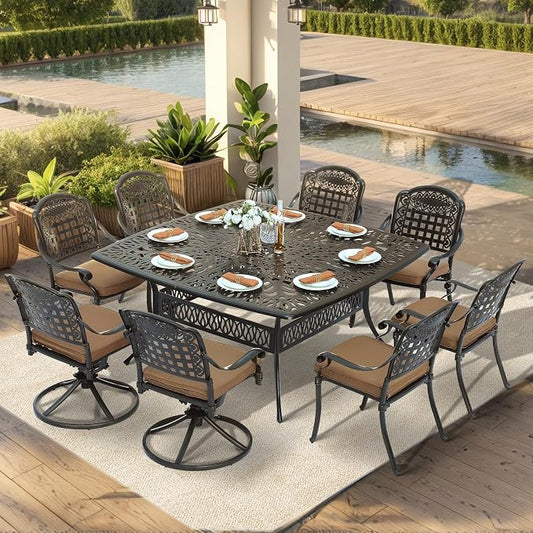 VIVIJASON 9-Piece Outdoor Dining Set, Cast Aluminum Patio Table & Chair Furniture Set for 8, Include Large 64" Square Dining Table, 2 Swivel Rocker Chairs, 6 Stationary Chairs, Umbrella Hole, Khaki